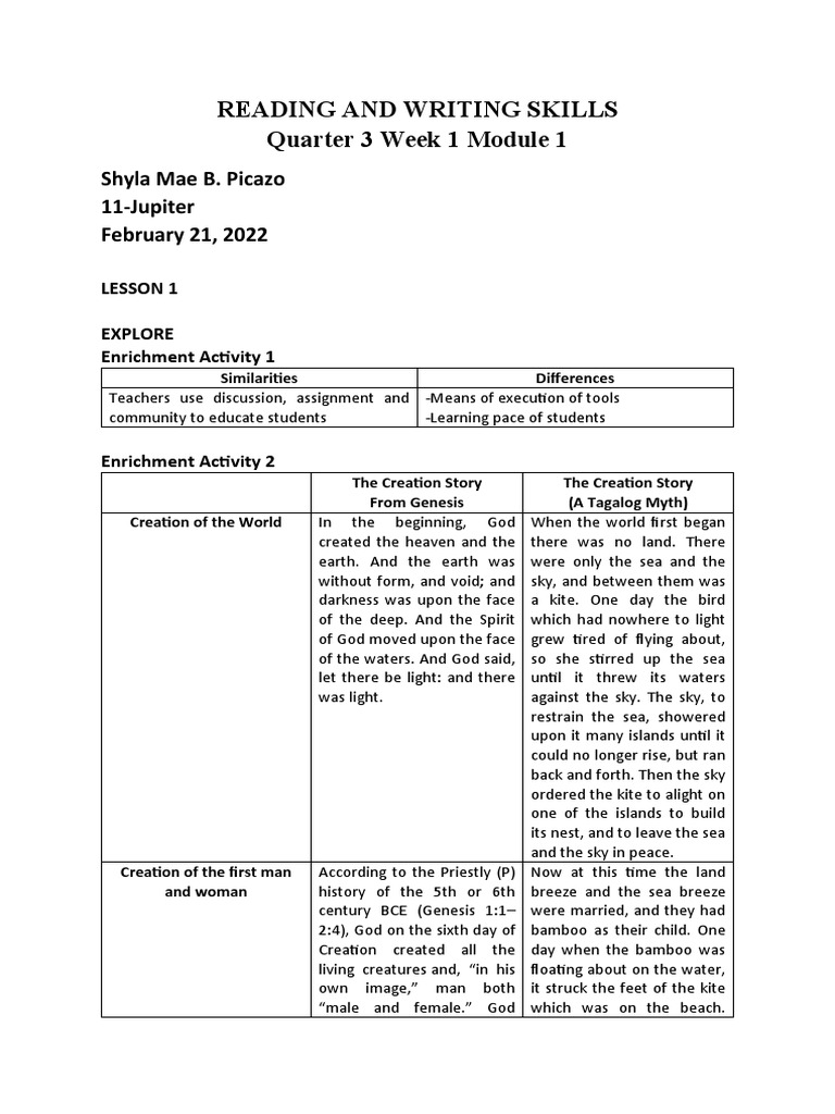 Reading and Writing Skills PDF Genesis Creation Narrative Essays