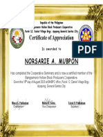 Certificate of Appreciation Norsarie A. Mubpon