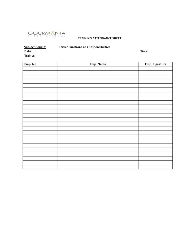 Training Attendance Sheet Subject Course: Server Functions Ans ...