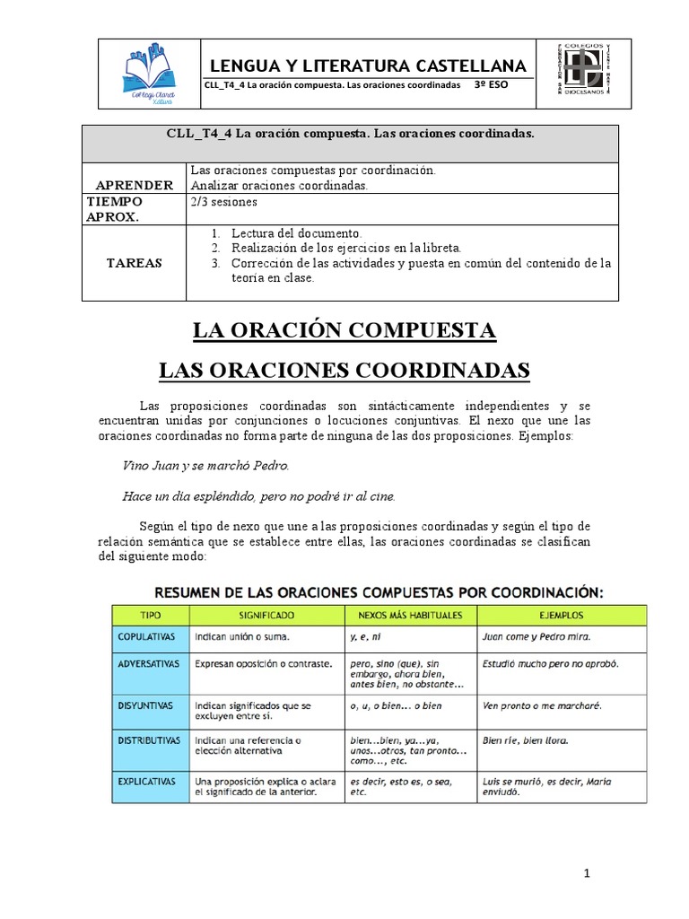 Oraciones Compuestas Coordinadas | PDF | Oración (Lingüística ...