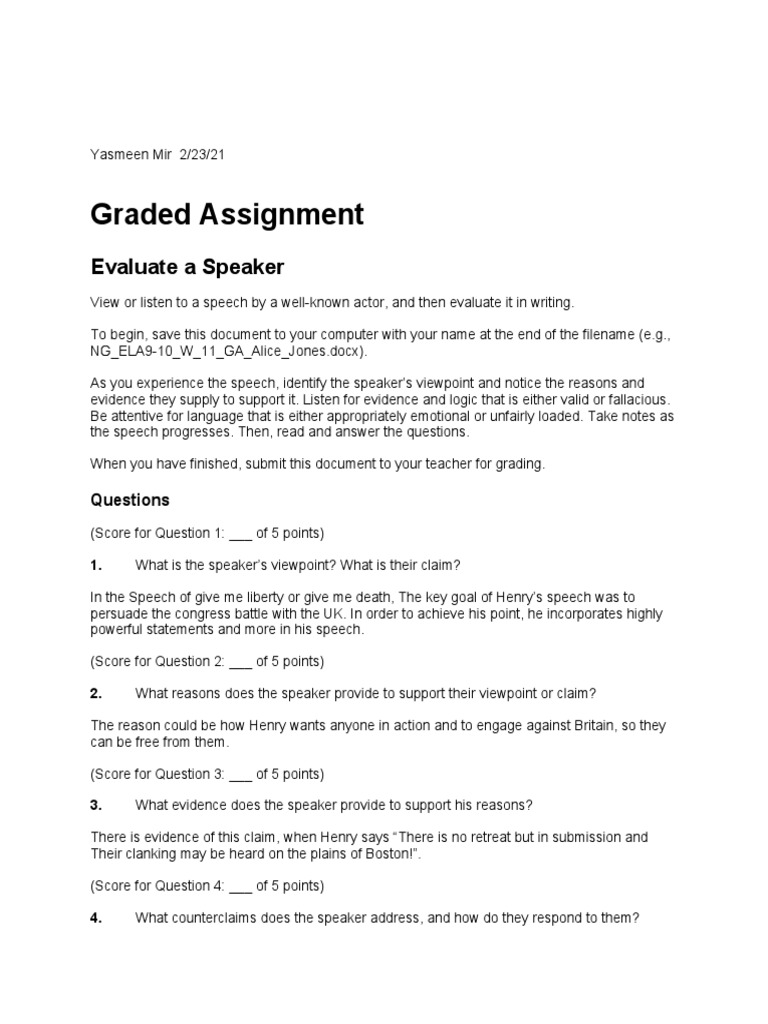 graded assignment evaluate a speaker