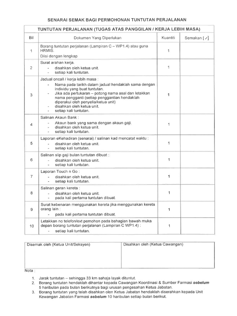 Senarai Semak Tuntutan Perjalanan - Tugas Atas Panggilan | PDF