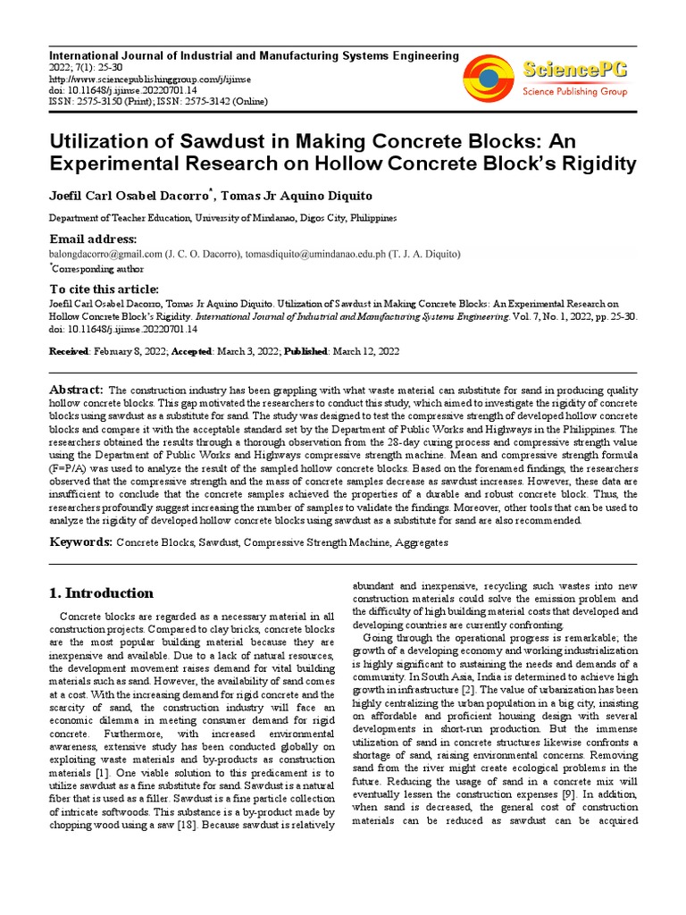 Sawdust as a Substitute in Concrete Blocks | PDF | Concrete | Building ...