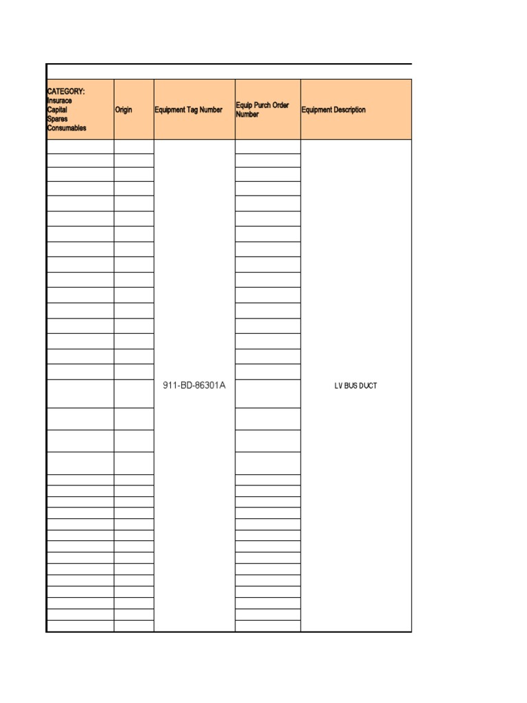 Origin Equipment Tag Number Equipment Description Category Insurace