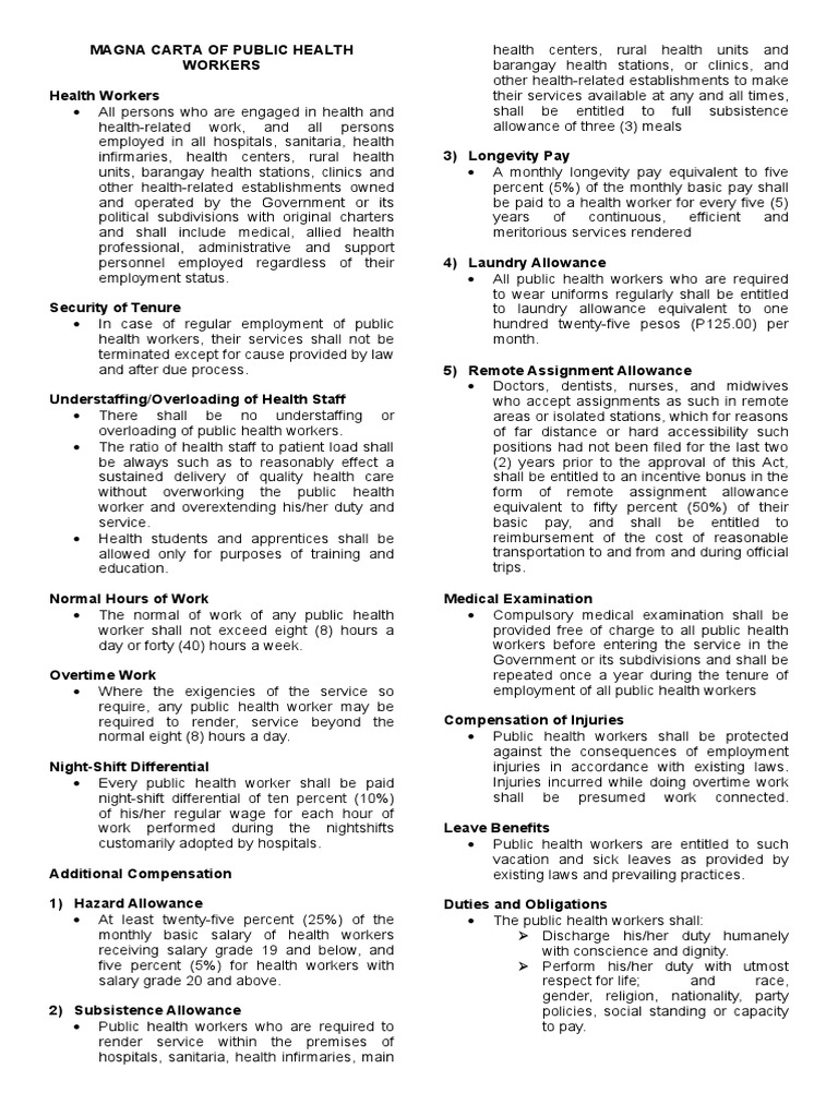 Magna Carta of Public Health Workers | PDF | Overtime | Employment