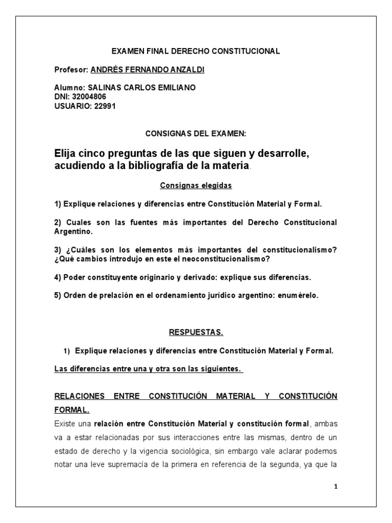 Examen Final Derecho Constitucional SALINAS CARLOS DNI32004806 | PDF ...