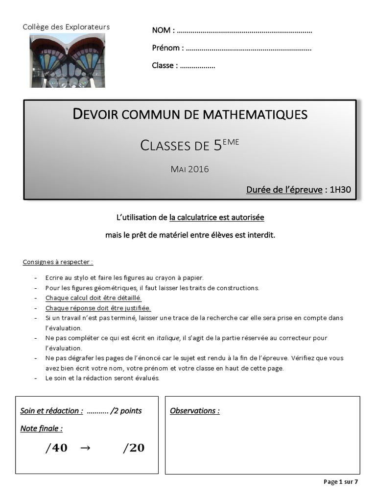 Devoir Commun Français 5ème Pdf Avec Correction Devoir Commun 5e | PDF | Triangle | Mathématiques