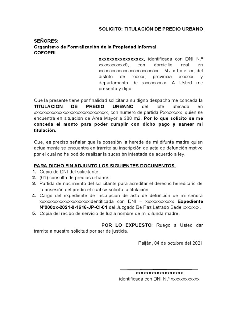 Solicitud de Titulación de Predio Urbano | PDF