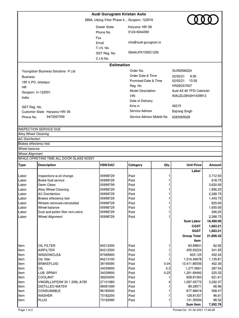 Audi A3 Service Invoice Summary | PDF | Automotive Technologies ...