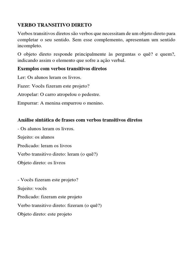 Verbos Transitivos Diretos: Definição e Exemplos | PDF | Assunto ...