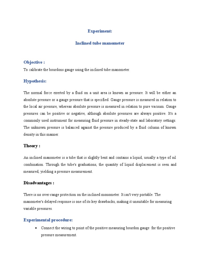 Lab Report Inclined and UTube Manometer PDF Pressure Measurement
