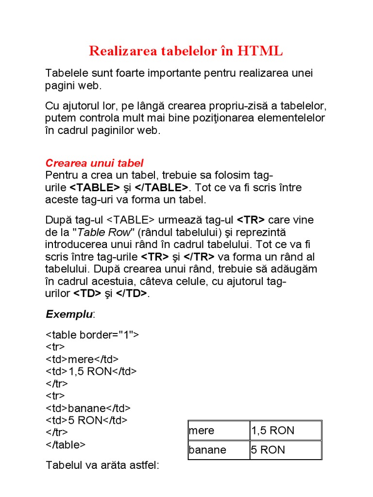 Crearea Tabelelor in HTML | PDF