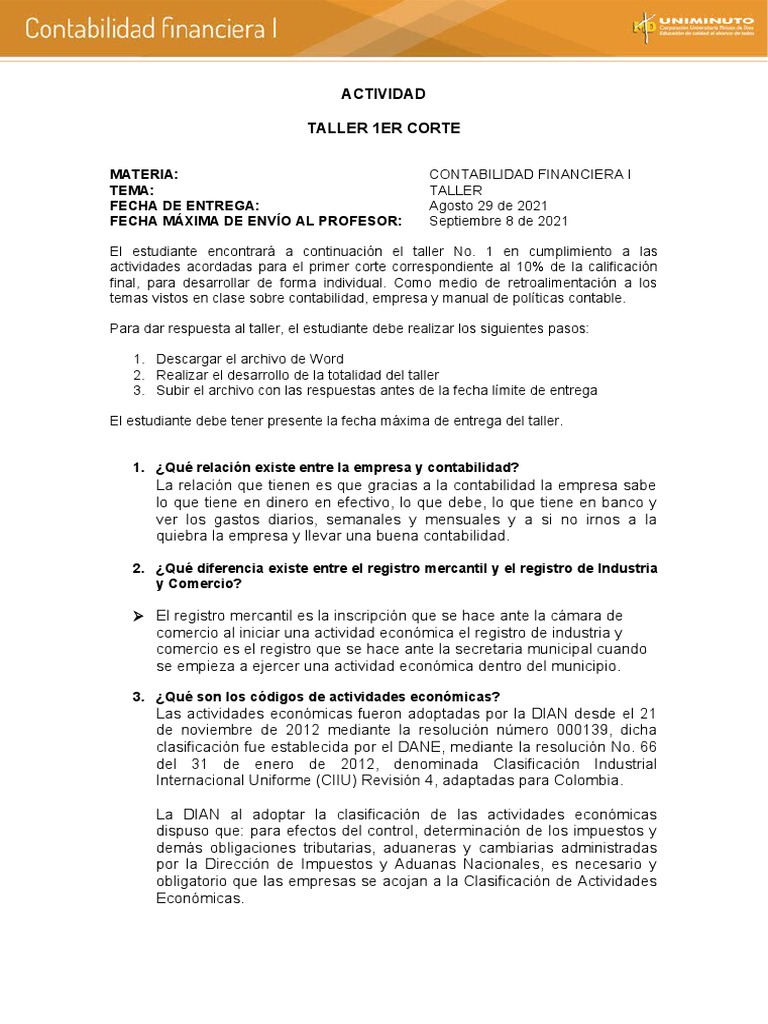 Taller de Contabilidad Financiera I | PDF | Contabilidad | Business