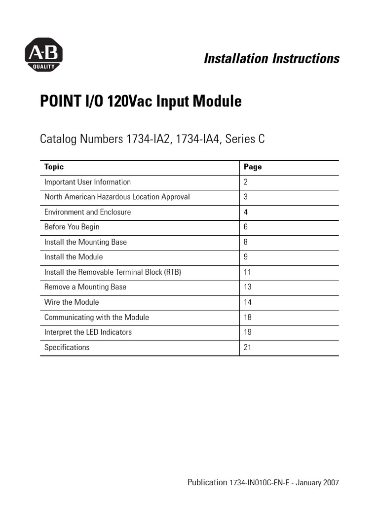POINT I/O 120vac Input Module: Catalog Numbers 1734-IA2, 1734-IA4