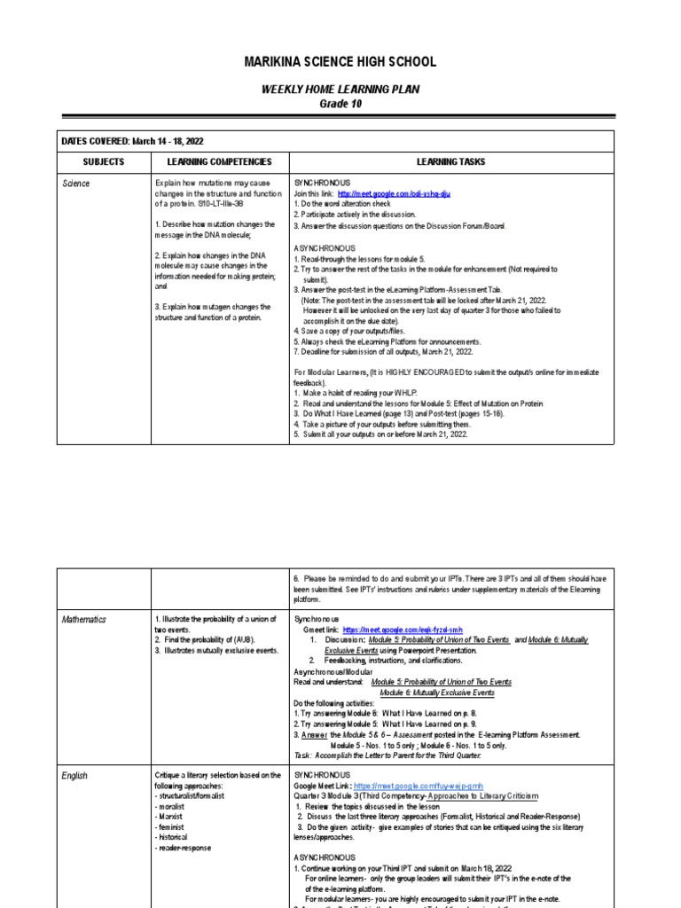 Marikina Science High School: Weekly Home Learning Plan Grade 10 | PDF ...