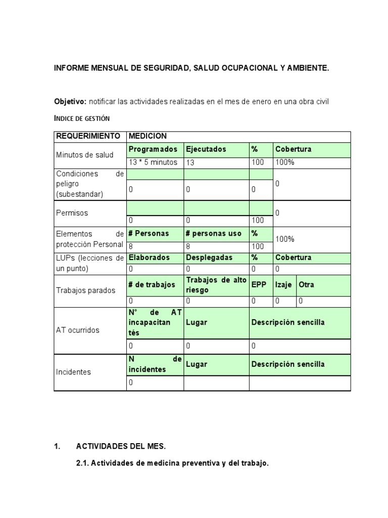 Informe Mensual de SST en Obra Civil | PDF | Seguridad y salud ocupacional