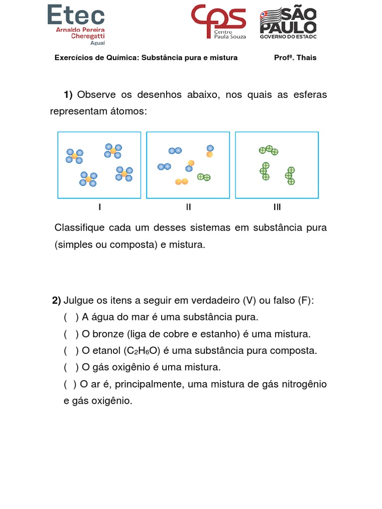 Exercícios sobre Substâncias e Misturas | PDF | Ciências e Matemática