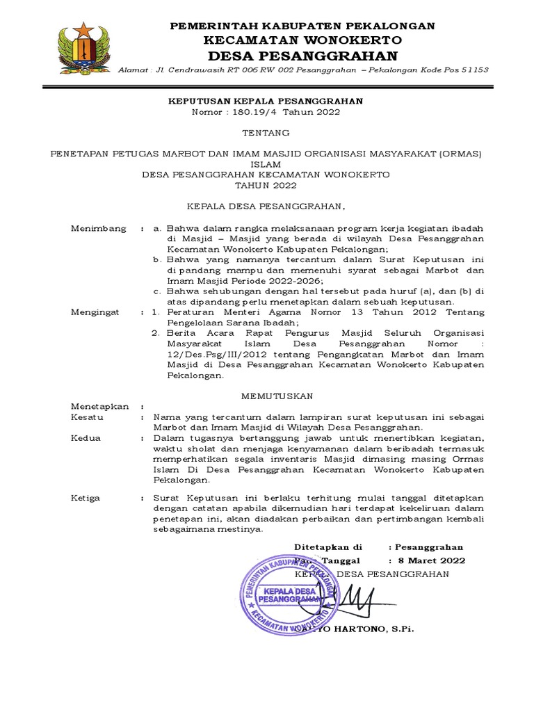 Sk Marbot Dan Imam Masjid Desa Pesanggrahan Pdf