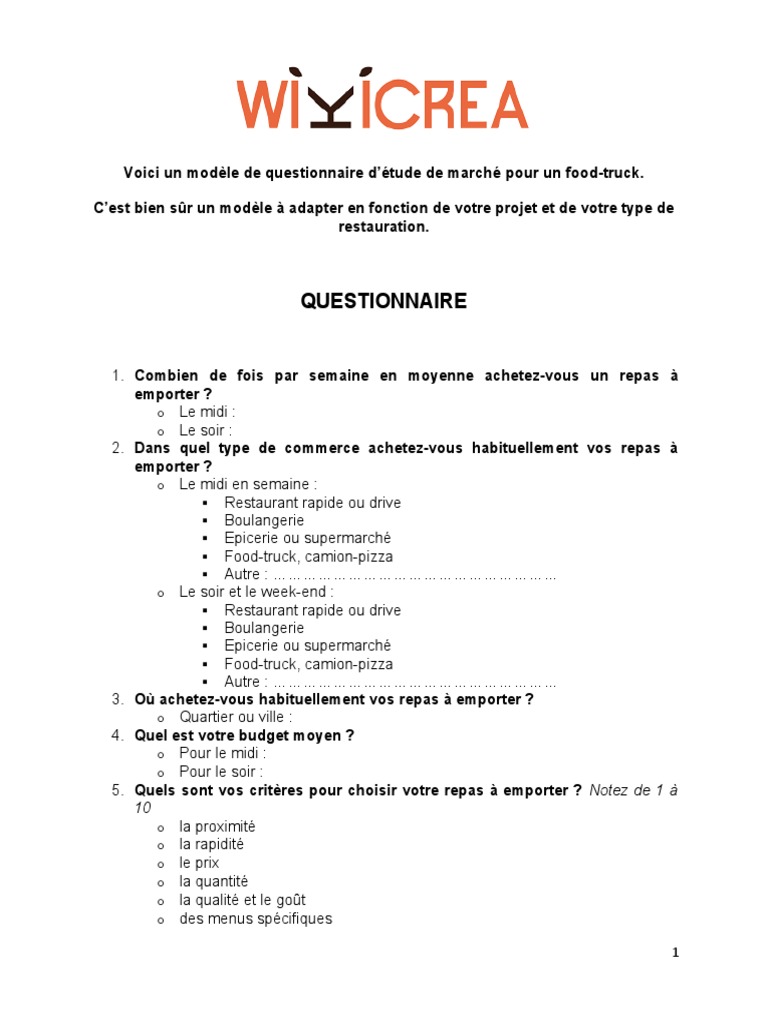 Exemple Questionnaire Étude de Marché Food Truck | PDF | Camion ...