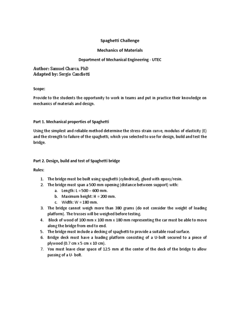 Spaghetti Challenge 20220 PDF Bridge Strength Of Materials