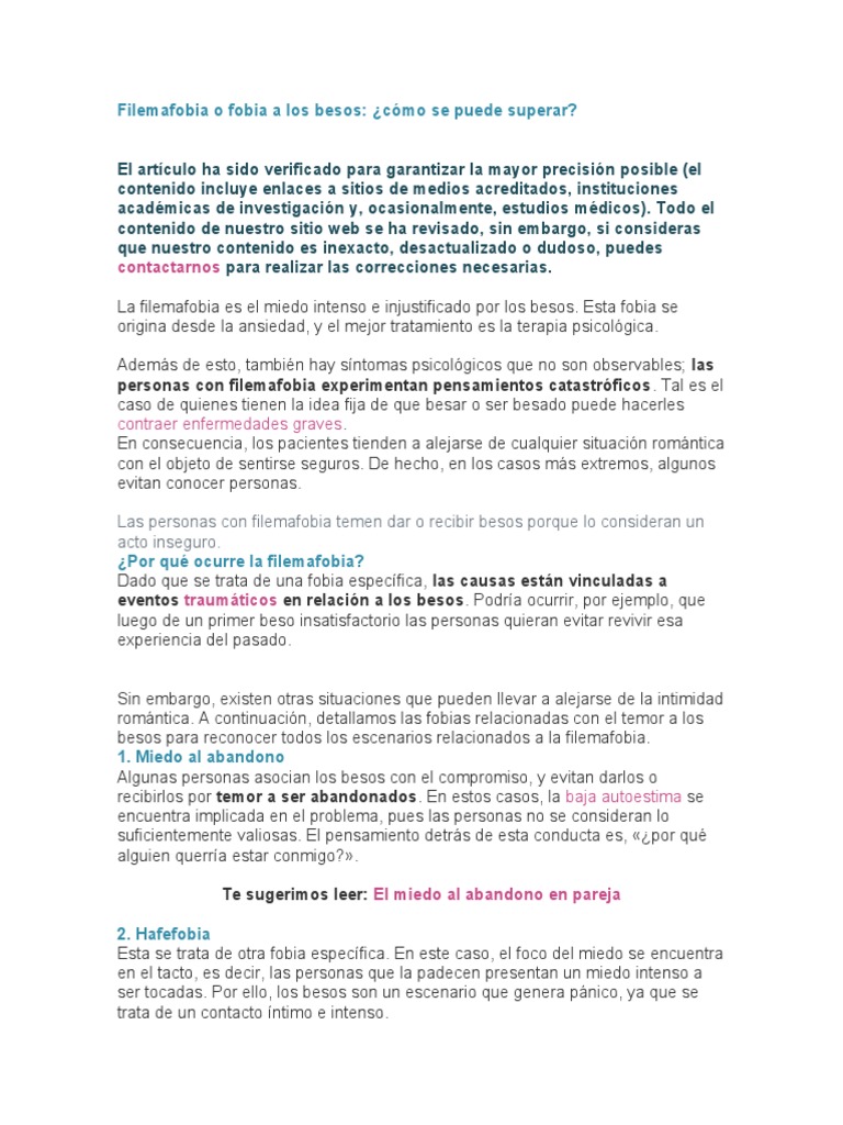 Filemafobia o Fobia A Los Besos | PDF | Fobia | Temor