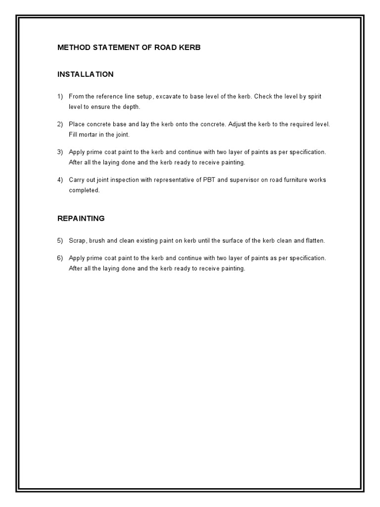 Road Kerb Installation Method Statement | PDF | Technology & Engineering