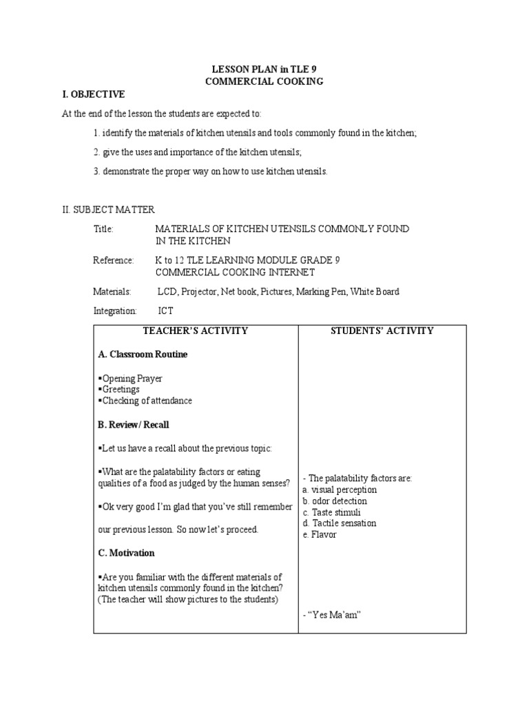 Lesson Plan in Tle 9 Commercial Cooking I. Objective | PDF | Kitchen ...
