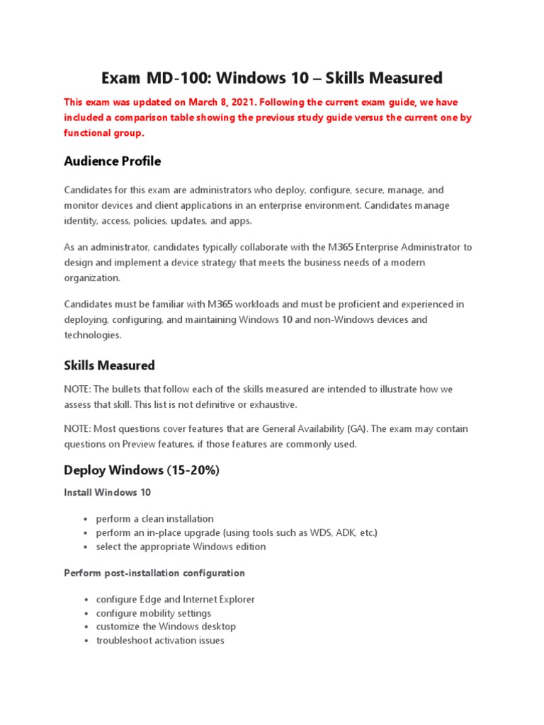 MD-100 Exam Guide: Windows 10 Skills | PDF | Windows 10 | Microsoft Windows