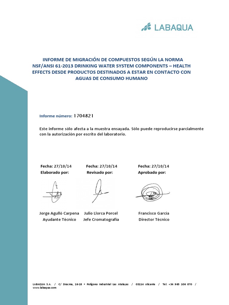 PU52-Protecfull SFP 108-NSF - ANSI Standard 61 - Informe | PDF