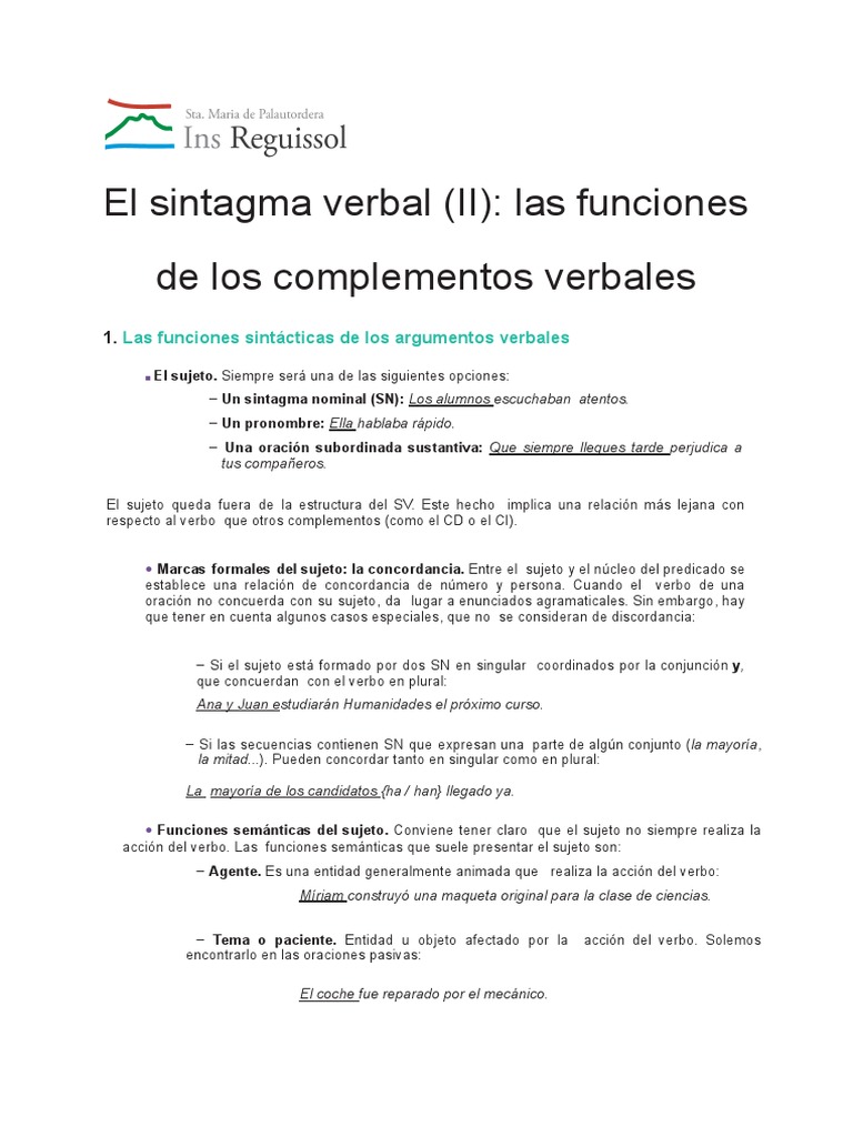 El Sintagma Verbal II Las Funciones de Los Complementos Verbales | PDF ...