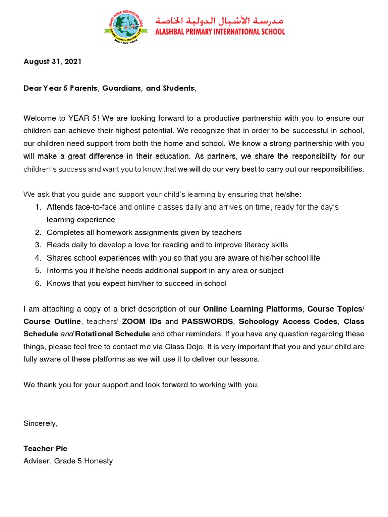 AY+2021-2022 TERM+1 Letter+to+Parents Y5 | PDF | Educational Technology ...