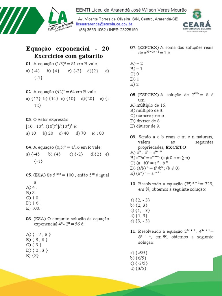 Equações exponenciais: exercícios resolvidos com gabarito | PDF ...