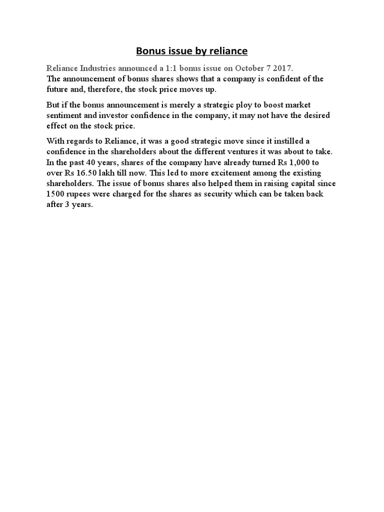 Bonus Issue by Reliance | PDF | Business | Finance & Money Management