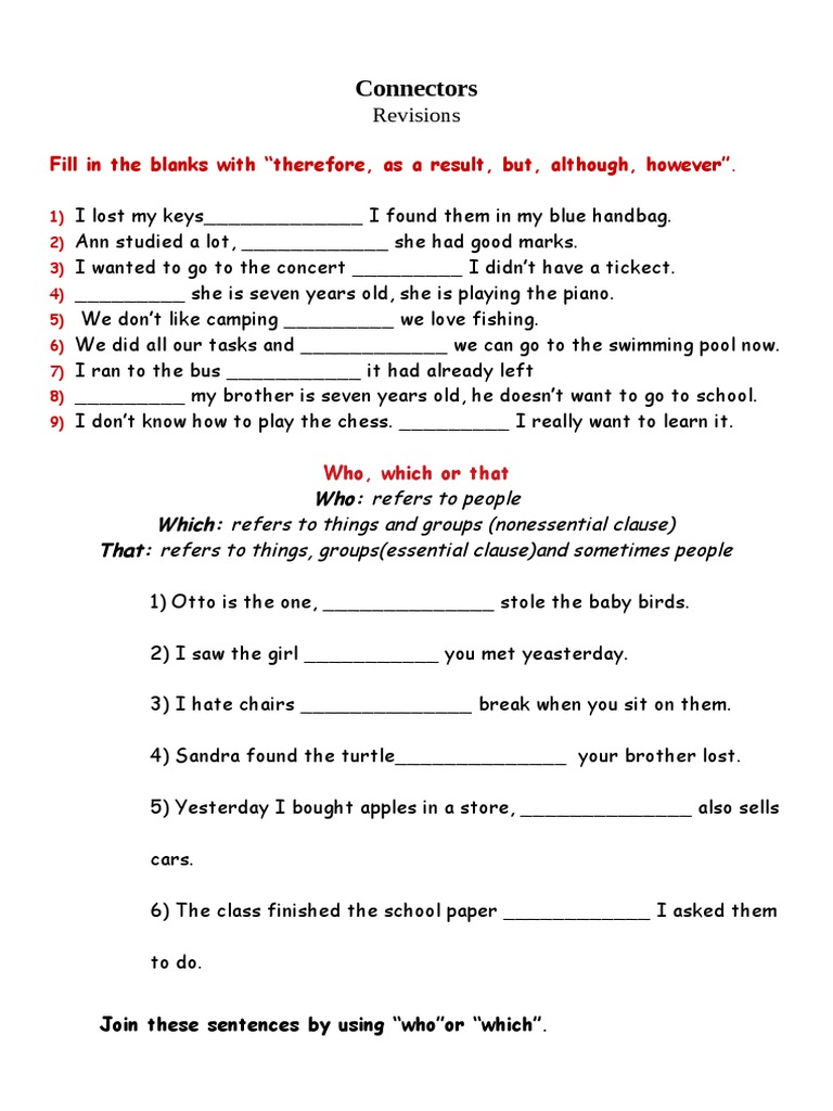 Connectors and Sentence Joining Exercises | PDF | Language Arts ...