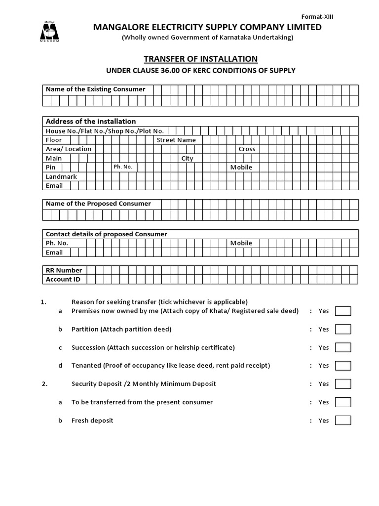Mangalore Electricity Supply Company Limited Transfer of Installation