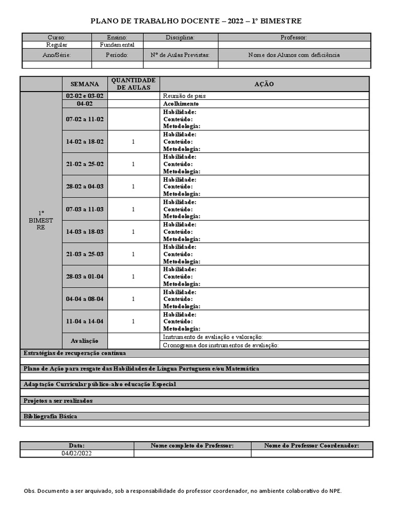 Plano de Aula - em Branco | PDF | Lição | Modificação comportamental