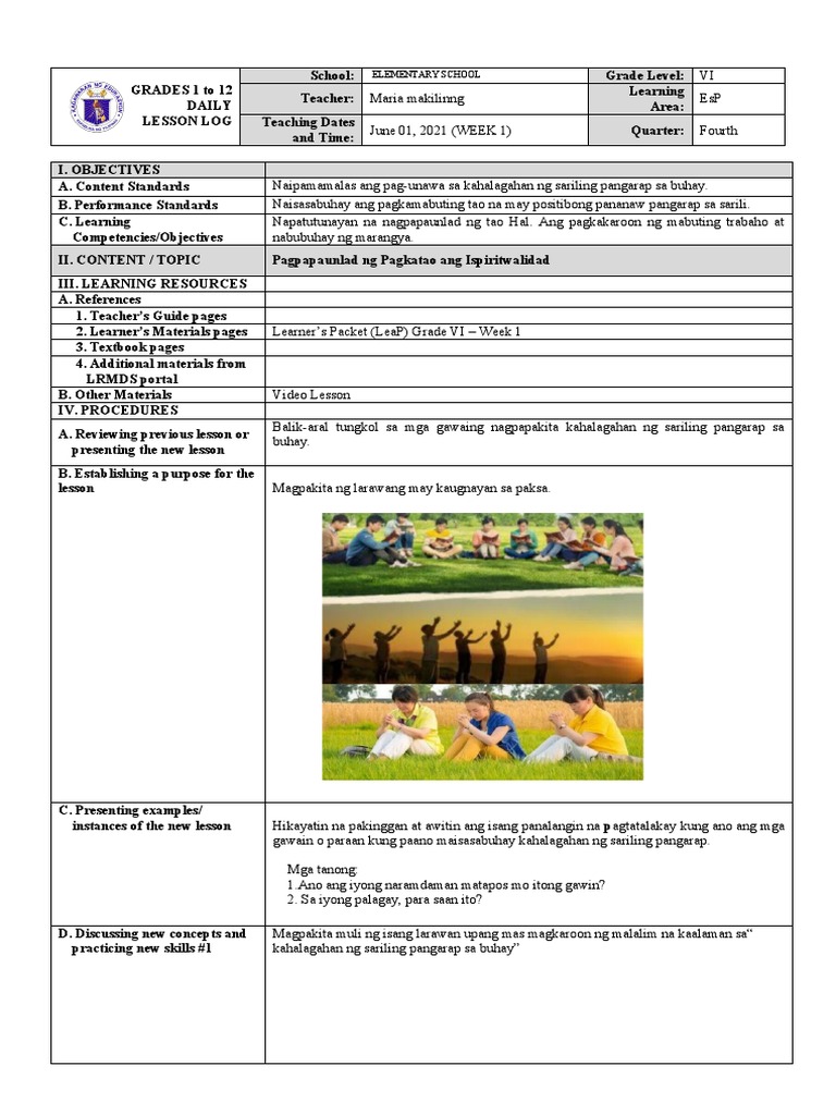 Lesson Plan In Esp6 Pdf