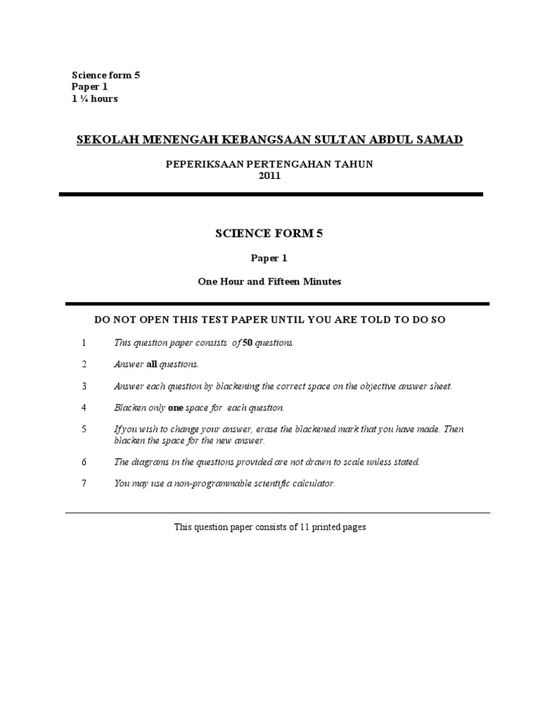 Sekolah Menengah Kebangsaan Sultan Abdul Samad: Science Form 5 Paper 1 ...