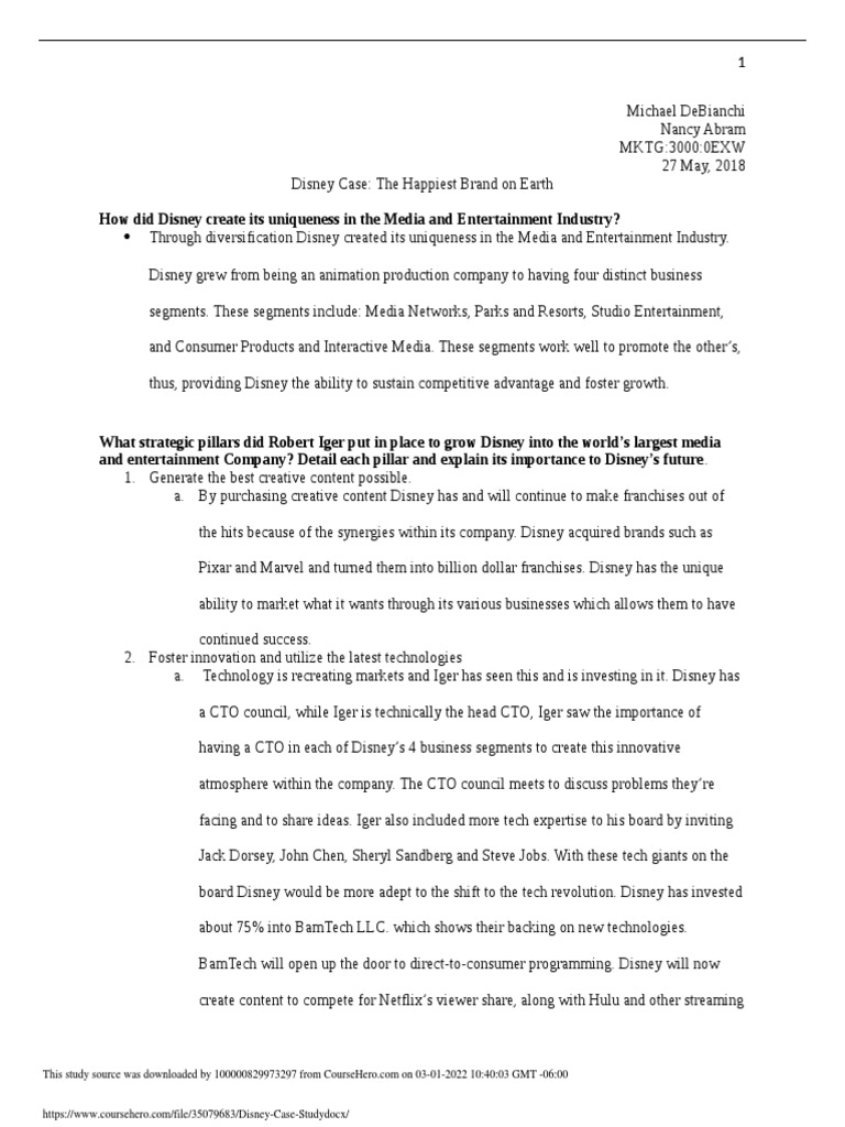 Disney Case Study PDF The Walt Disney Company Harvard Business School
