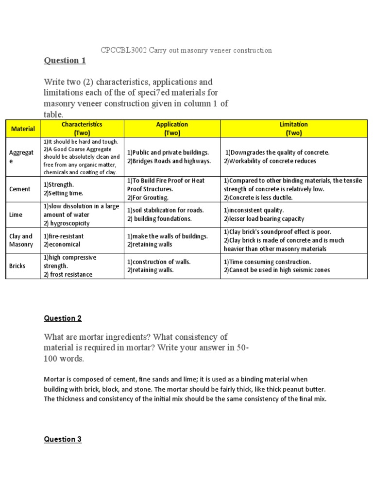 Assignment Questions PDF Concrete Masonry