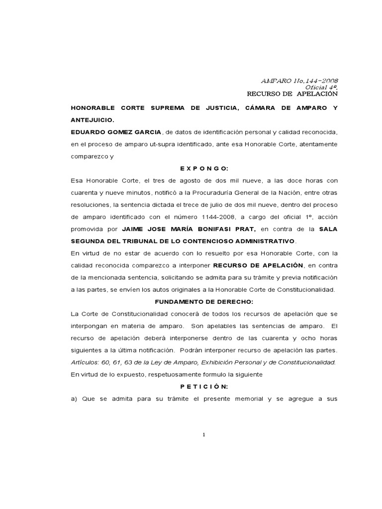 Recurso de Apelacion Amparo | PDF | Apelación | Ley constitucional