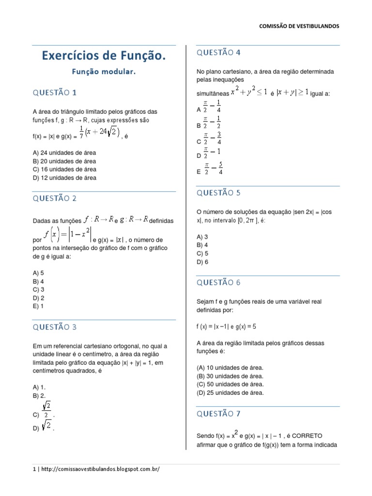 Exercícios sobre Funções Modulares | PDF | Equações | Função (Matemática)