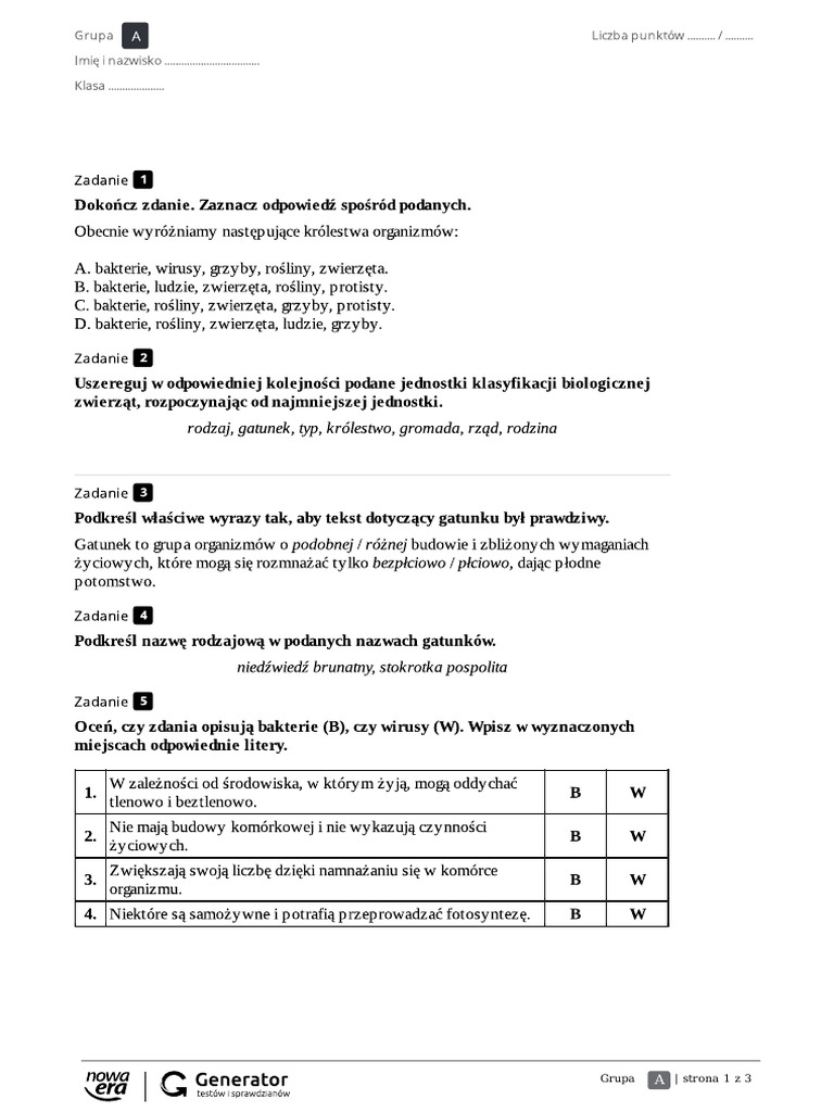 Sprawdzian Z Biologi Klasa 5 Wirusy Bakterie Protisty I Grzyby 3.1.test - Wirusy, Bakterie, Protisty I Grzyby | PDF