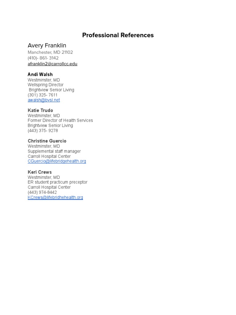 Professional References for Avery Franklin | PDF | Self-Improvement