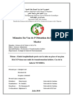 Etude Longitudinale Porte Sur La Mise en Place D'un Plan HACCP Dans Une Unité de Transformation Laitière. Cas de La Laiterie NUMIDIA