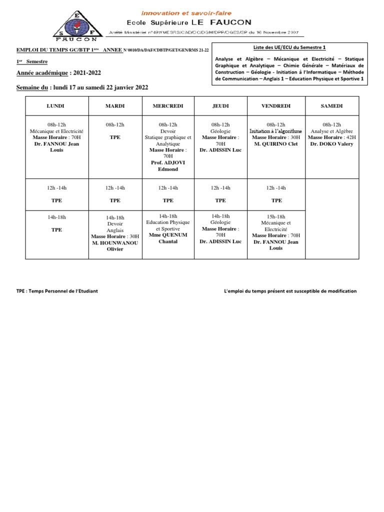 Emploi du temps 1ère année GC/BTP 21-22 | PDF | Science de la nature ...