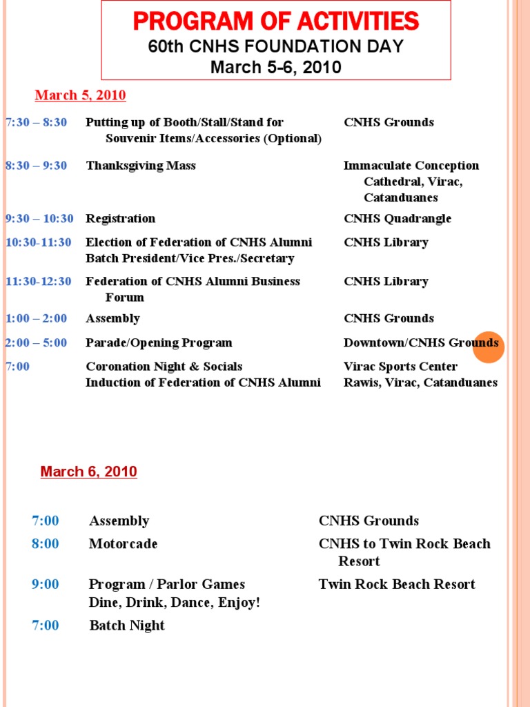 60th CNHS Foundation Day Activities Schedule | PDF