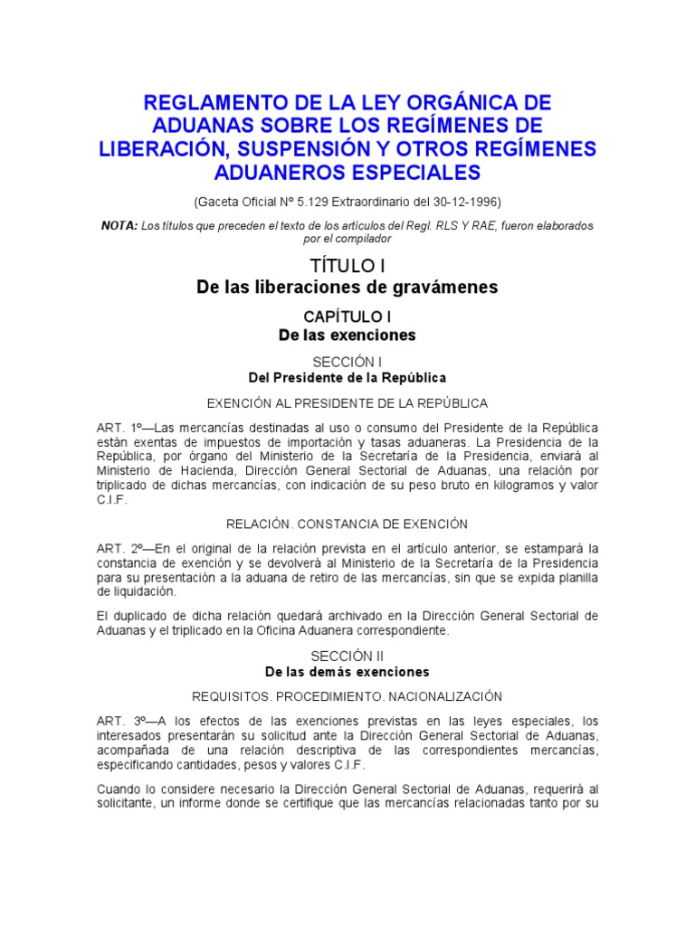 Reglamento de Liberación Aduanera en Venezuela | PDF | aduana | Diplomacia