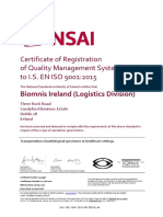 ISO 9001:2015 Certificate of Registration for Biomnis Ireland Logistics Division