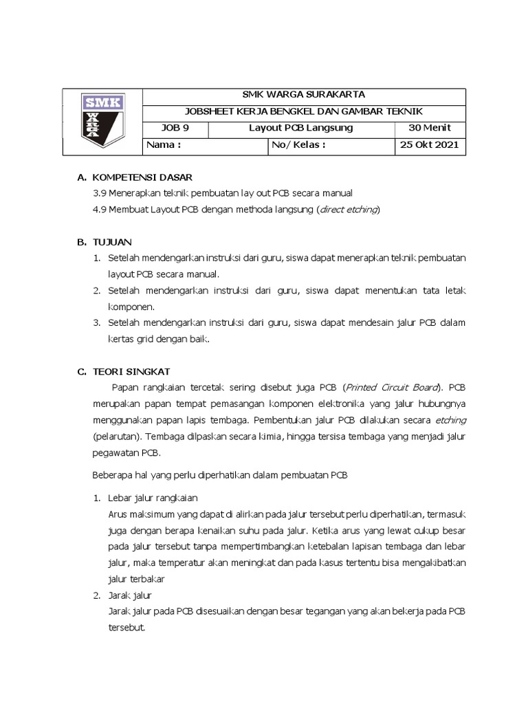 Jobsheet Layout PCB Secara Manual | PDF